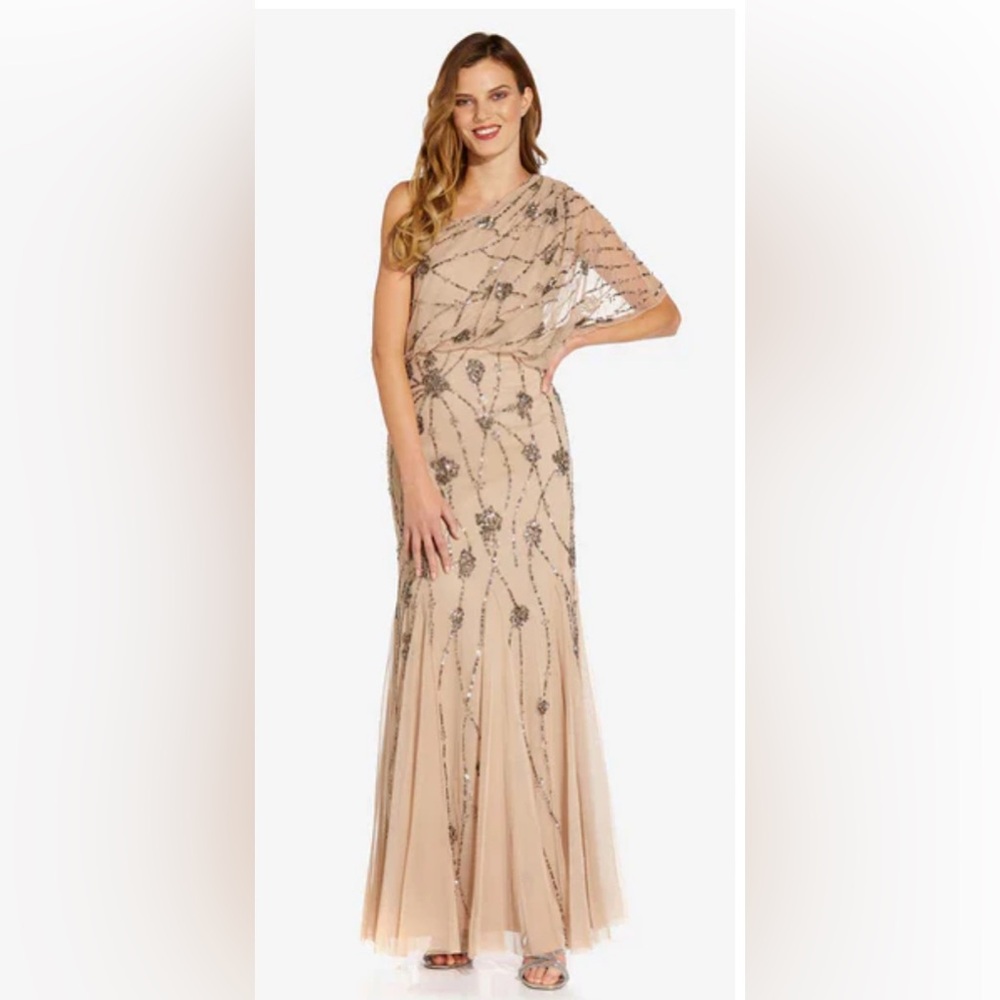 Adrianna Papell One Shoulder Beige Sequin Dress